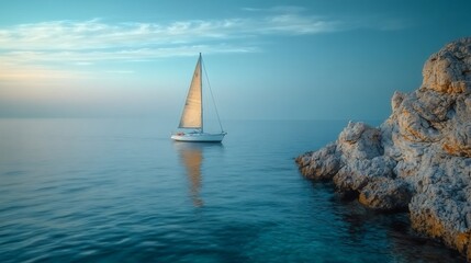 Fototapeta premium Minimalist ocean scene a lone sailboat and calm waters