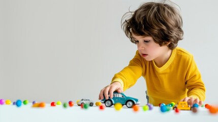 Happy three years old baby boy playing with toy car.