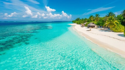 Fototapeta premium idyllic tropical island with a pristine white sand beach, turquoise waters, and gently swaying palm trees, offering a serene and picturesque summer setting, with plenty of copy space for text