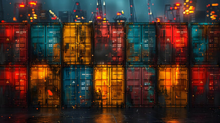 Fototapeta premium Colorful Shipping Containers at Night - 3D Illustration