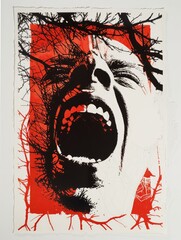 A haunting scream emerges amidst dark branches and bold colors in an expressive artwork showcasing raw emotion and turmoil