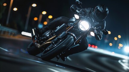 Fototapeta premium man with helmet and black vest driving a motorcycle on the ROAD WITH SWEEPING EFFECT