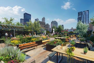 a rooftop garden with a lot of plants bustling urban rooftop scene with city views and rooftop gardens