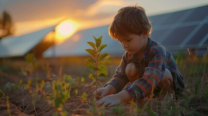 power plant technology concept picture of a kid growing a tree beside solar panels farm system.
