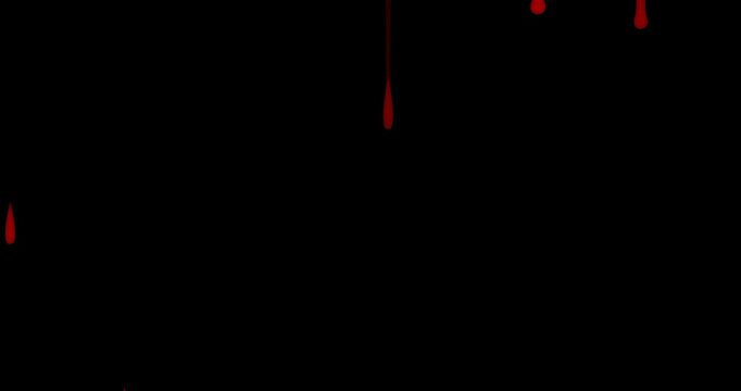 4k Red Blood or Paint Spill, Red blood dripping down along animation on the black background, Red Spilled Blood Steady, bleeding rendering with alpha matte
