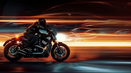 Fototapeta premium man with helmet and black vest driving a motorcycle on the ROAD WITH SWEEPING EFFECT