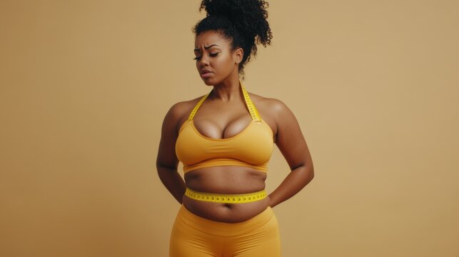Woman in yellow workout outfit with tape measure
