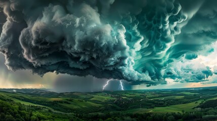 summer storm with dramatic dark clouds and occasional flashes of lightning, over a lush green landscape, capturing the intensity and beauty of summer weather, with copy space for text