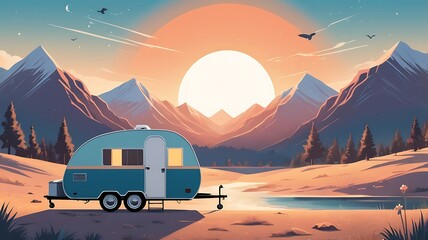 Obraz premium abstract landscape background of a lonely wagon left in the nature with mountains and colorful sky and birds in the sky