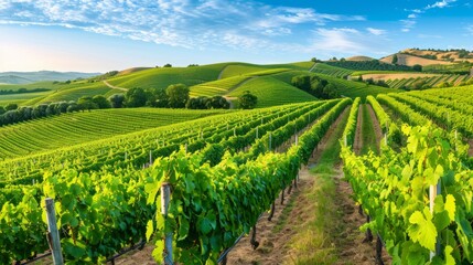 Fototapeta premium a scenic view of rolling vineyards under a clear blue sky, with ripe grapes ready for harvest and lush green hills in the background, evoking the warmth of summer in the countryside, with copy space