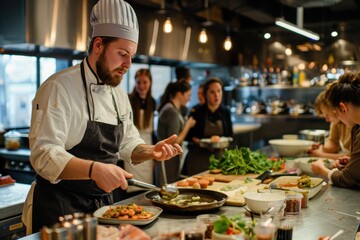 Focused professional chef plating food chef teaching a cooking class to aspiring chefs