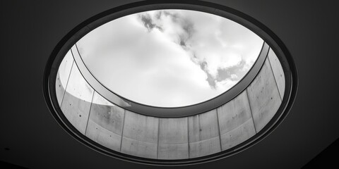 Round geometric skylight in black and white under a white daytime sky with a low angle perspective