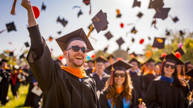 graduates in their caps and gowns tossing their mortarboards into the air in celebration on a sunny campus lawn, beaming with joy, with copy space for text