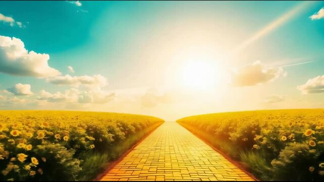 Yellow brick road, an endless yellow brick road with sunflowers either side and a sun in a clear blue sky