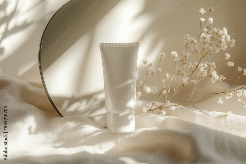 Aufkleber the tube of cream stands prominently, its reflection captured in the mirror beside softly draped fab