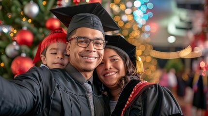 Fototapeta premium graduate taking a selfie with their family, all smiles and wearing graduation attire, with festive decorations in the background, with clear copy space for text