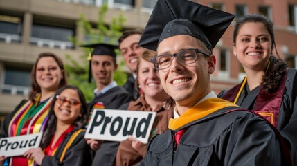 graduate in their cap and gown surrounded by family members each holding a Proud sign, capturing the sense of accomplishment and support, with ample copy space for text