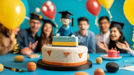 family celebrating the graduate success with a custom-made cake featuring a graduation theme, surrounded by happy faces and congratulatory cheers, with clear copy space for text