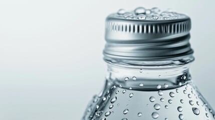 Image of a sealed water bottle, highlighting condensation droplets on the surface of bottle.