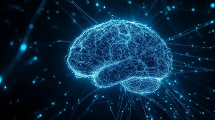 Futuristic representation of a glowing blue brain with intricate neural connections.