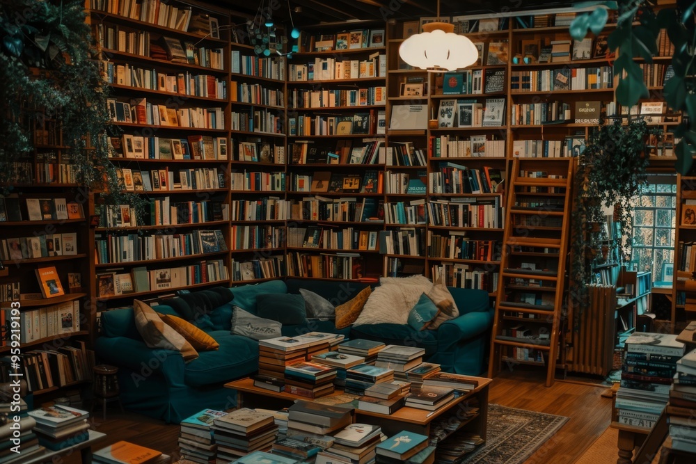 Poster a room with a couch bookshelf and a table cozy bookstore filled with towering shelves of books and comfy reading nooks