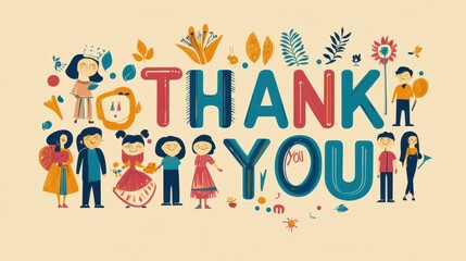 Fototapeta premium Bright and joyful vector design features 'Thank You' with playful characters expressing gratitude and showcasing a festive atmosphere