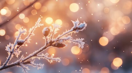 Fototapeta premium A close-up of a delicate frost-covered branch against a soft bokeh background of glowing warm lights.
