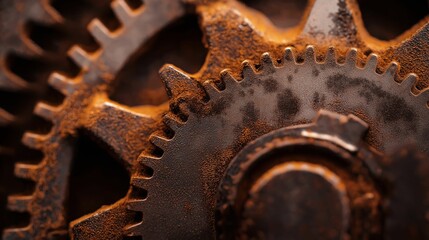 A detailed close-up of rusted metal gears, capturing the texture of corrosion and wear, bathed in warm sunlight.