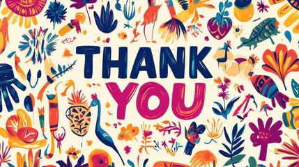 A vibrant display of THANK YOU amidst a variety of colorful, nature-themed illustrations and playful designs