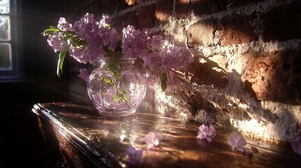   Purple flowers in vase, perched atop wooden table, near brick wall, bathed in sunlight