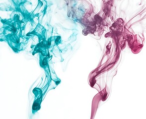 Fototapeta premium Soft whiffs of teal and ruby smoke drift across a bright white canvas.