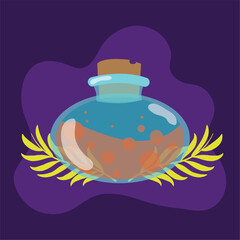 Potion bottle with glowing liquid on purple background Vector