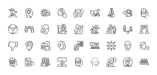 Nurse, Social care and Queue line icons pack. AI, Question and Answer, Map pin icons. Business person, Health skin, Fake information web icon. Competition, Award app, Cough pictogram. Vector