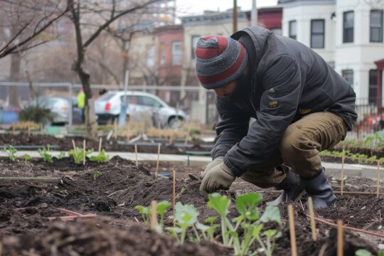 a man kneeling down in a garden with a bunch of plants gardener planting a community garden in a vacant lot - Powered by Adobe