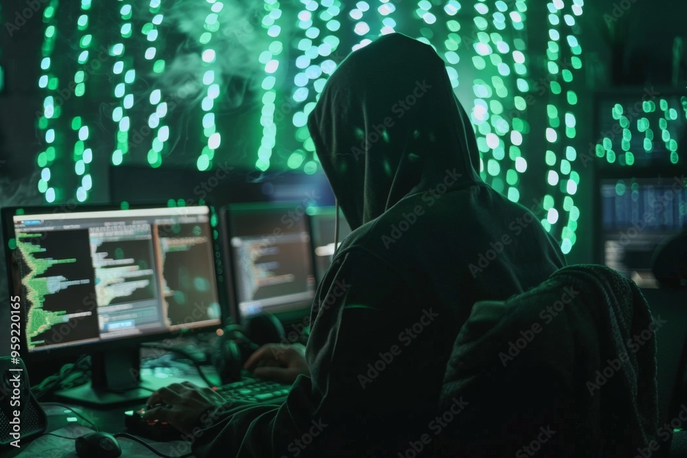 Poster a man sitting in front of a laptop computer hacker pushing the boundaries of what is possible in the