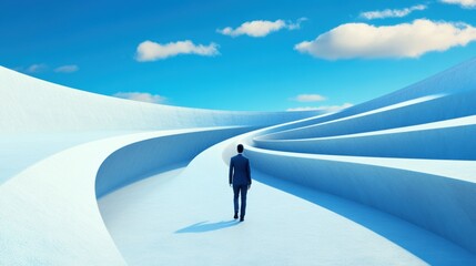 Obraz premium A man walking down a long curved path in the sky, AI
