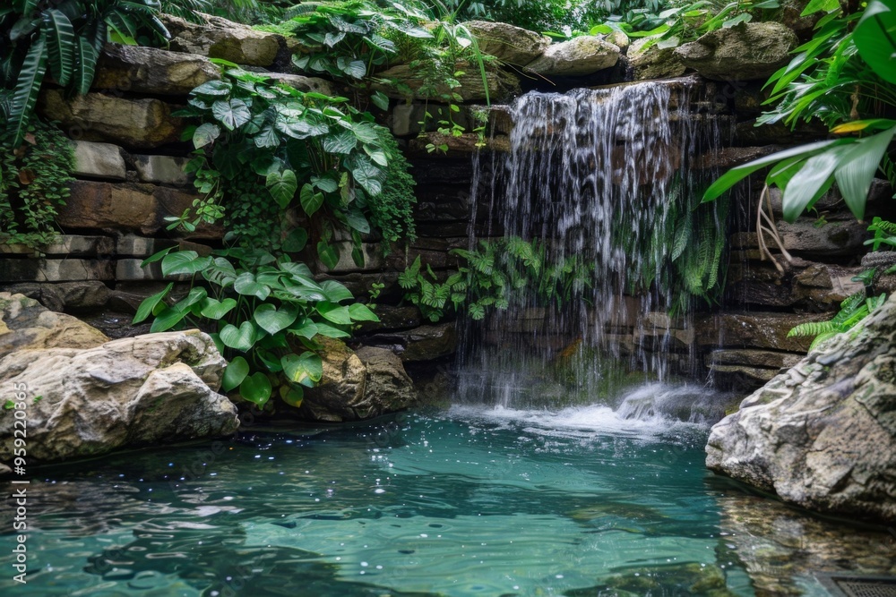 Poster a waterfall in a tropical garden with rocks and plants hidden waterfall cascading into a tranquil po