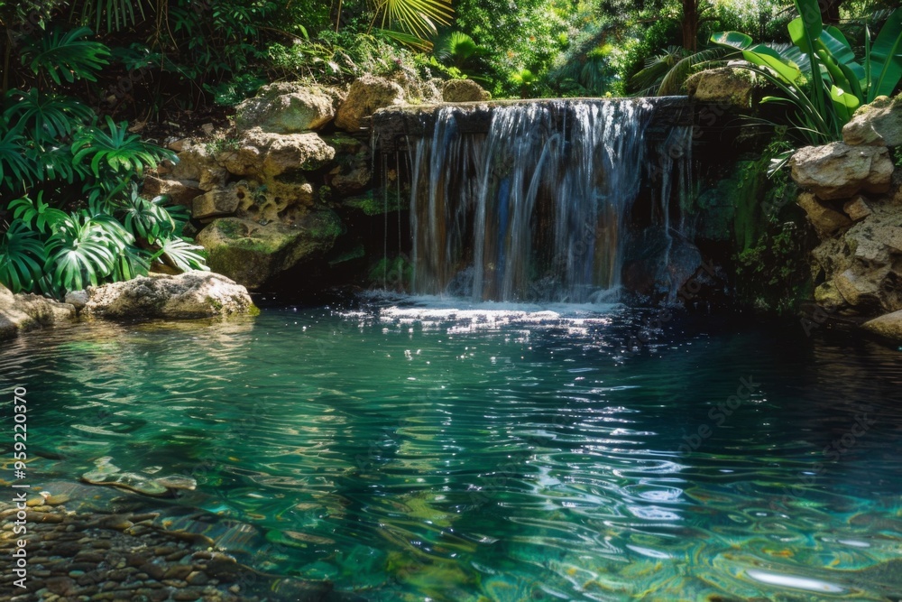 Poster a waterfall in a tropical garden with rocks and plants hidden waterfall cascading into a tranquil po