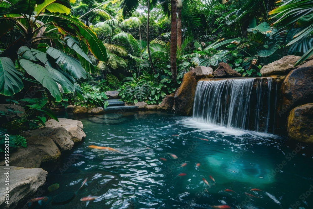 Poster a waterfall in a tropical garden with rocks and plants hidden waterfall cascading into a tranquil po