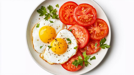 Top view of half fry eggs with tomato slice in plate 