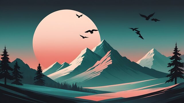 Landscape illustration vector background of a scene showcase a catchy nature, snowy mountains, clean sky, sunset and birds in the sky