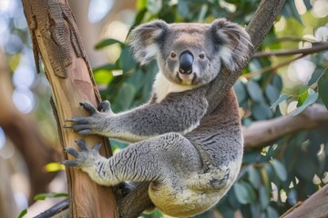 Obraz premium a koala bear is sitting in a tree koala doing gymnastics on a eucalyptus tree branch