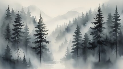 Fototapeta premium Landscape abstract illustration of foggy forest in the mountains, paint style background
