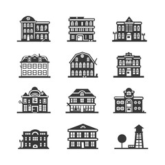 Naklejka premium Collection of Black and White Building Icons