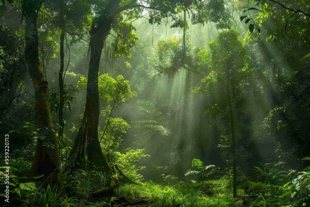 Aufkleber a forest with sunbeams shining through the trees lush forest with sunlight filtering through the trees
