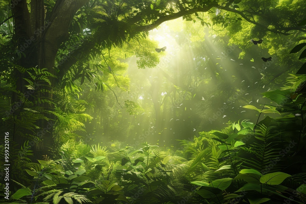Aufkleber a forest with sunbeams shining through the trees lush forest with sunlight filtering through the trees