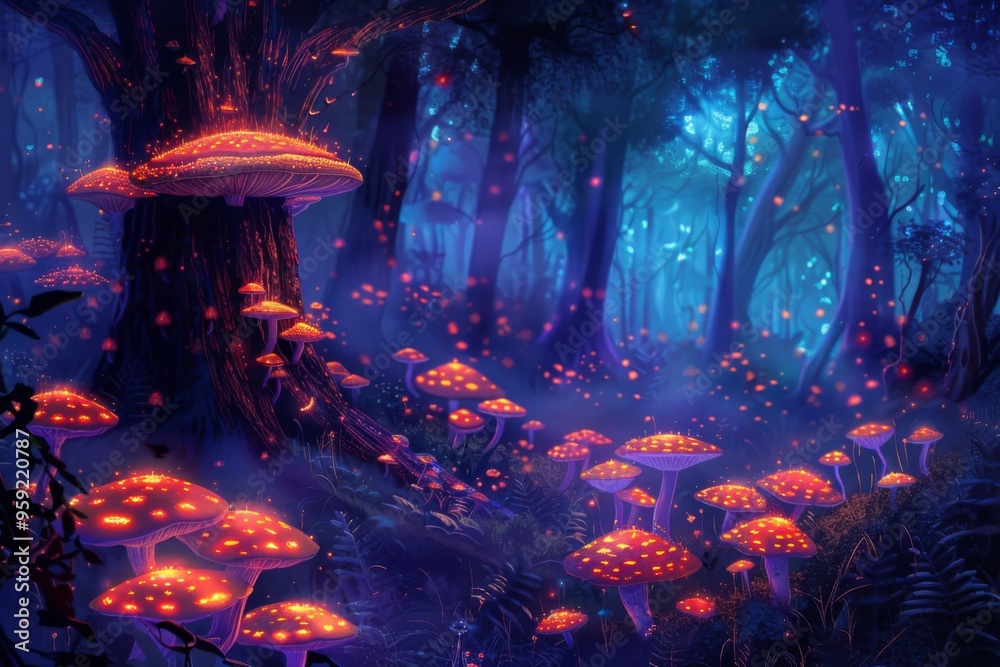 Aufkleber a forest with mushrooms and trees in the middle magical illustration of a fairy forest with glowing 