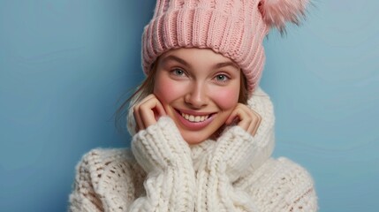 beautiful woman smiling at camera in woolen coat and pink hat on blue background