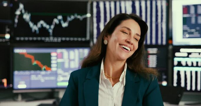 Woman, face and trader success with computer for stock market, finance bonus and investment achievement. Person, digital or cryptocurrency celebration for winner, profit growth and trading promotion - Powered by Adobe