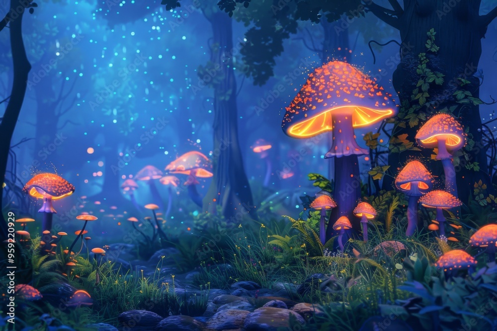 Aufkleber a forest with mushrooms and trees in the middle magical illustration of a fairy forest with glowing 